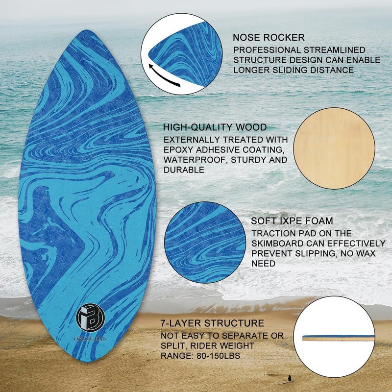 iBoard 41” Skipper Skimboard with High Gloss Coat Wooden Skim Boards for Beginners, Teenagers and Adults Beach Skimboard 3 Color Traction Pad to Choose - Image 3